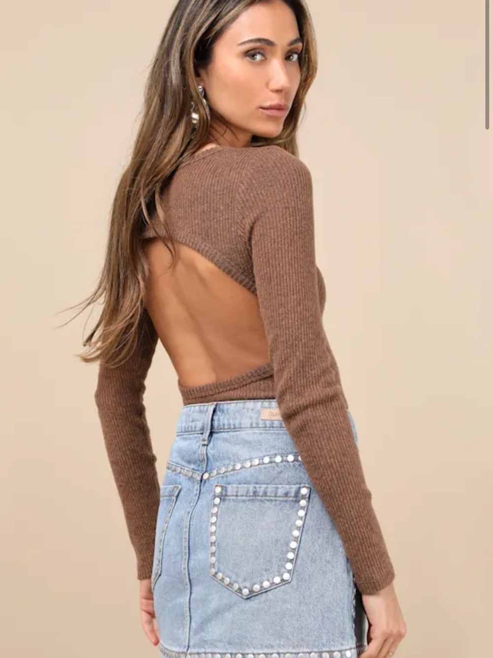 Lulus Everyday Babe Heather Brown Ribbed Long Sleeve Open-back Bodysuit